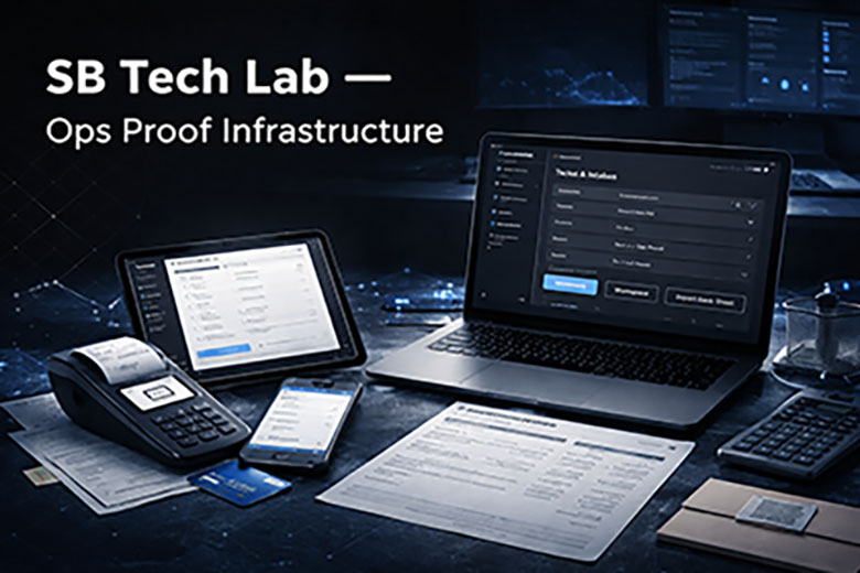 SB Tech Lab workspace with screens showing commerce, onboarding, and proof systems